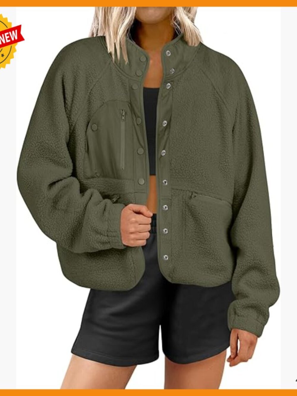 Fuzzy Fleece Cropped Shacket with Pockets, Long Sleeve, Recycled Polyester